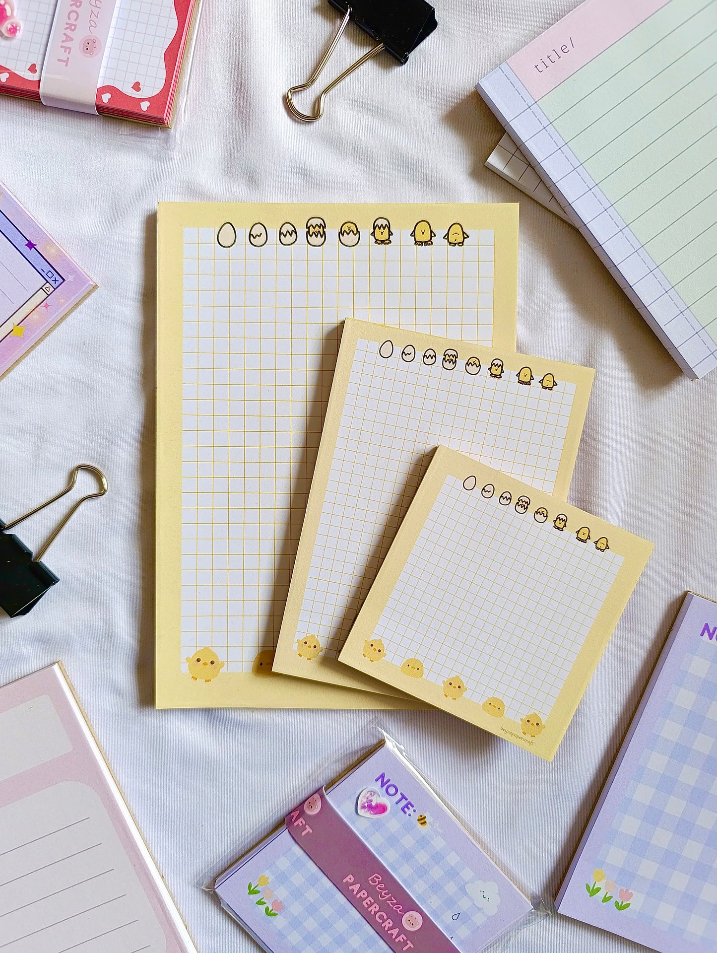 BeyzaPaperCraft 3'lü Set Sevimli Civciv Temalı Kareli Notepad Seti (9x9)(10x14)(14x20) Not Kağıdı