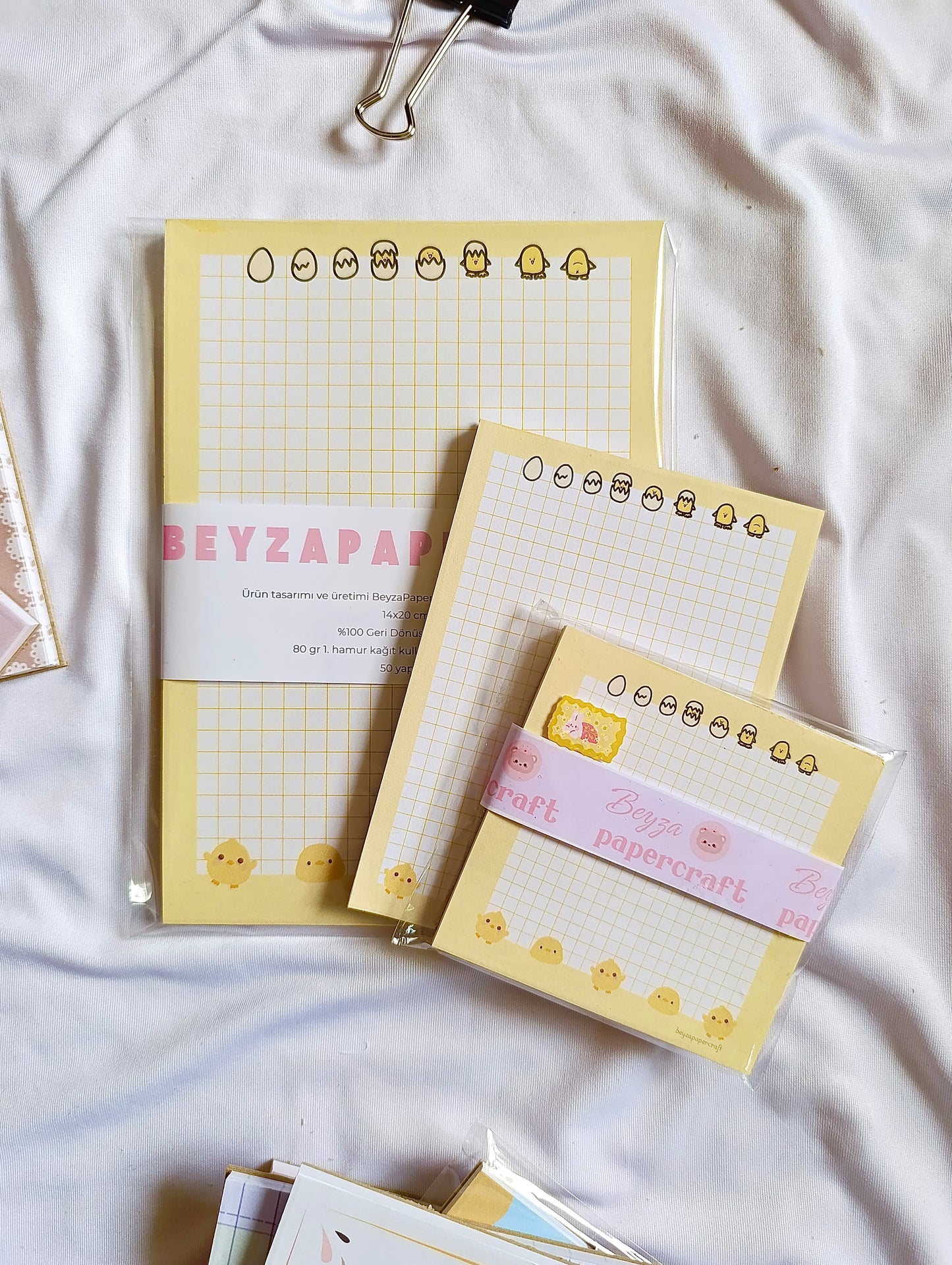 BeyzaPaperCraft 3'lü Set Sevimli Civciv Temalı Kareli Notepad Seti (9x9)(10x14)(14x20) Not Kağıdı