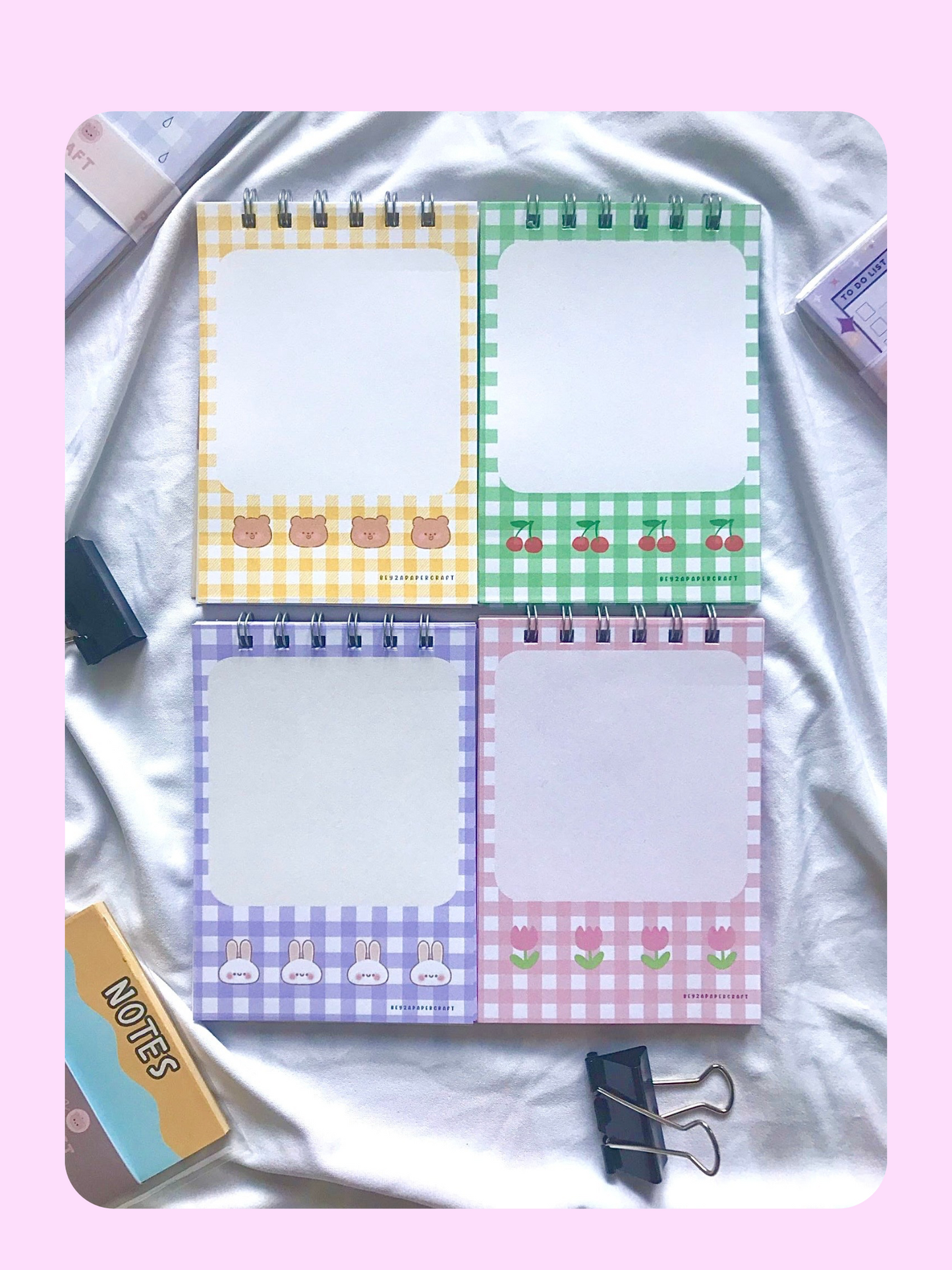 4'lü Not Defteri Seti Ayıcık,Tavşan,Çiçek,Kiraz Desenli-Kapaklı Not Defteri Seti