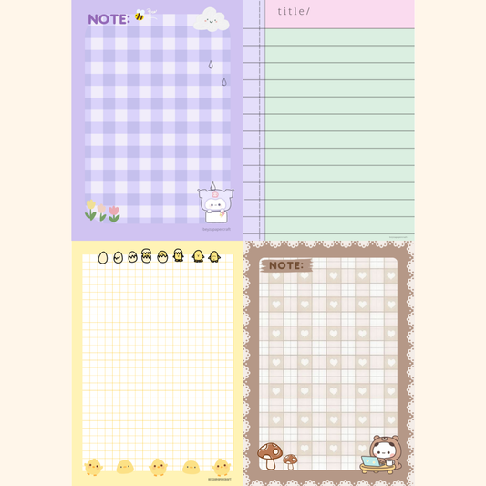 4’lü Notepad Seti Kareli Civcivli, Çizgili Yeşil, Kahverengi Aycıklı, Mor Aycıklı Desenli