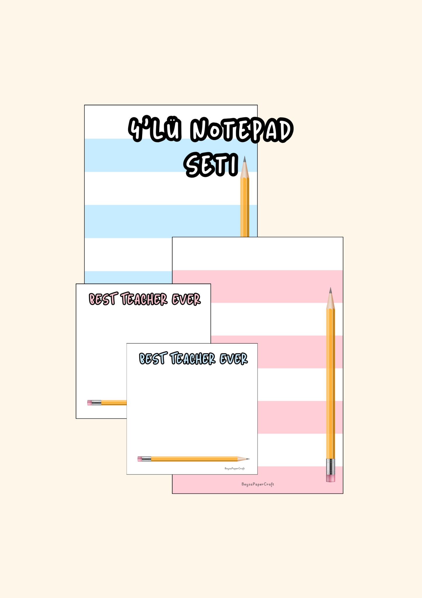 BeyzaPaperCraft Öğretmenler Günü -4'lü Notepad Seti Best Ever Teacher , Renkli Şeritli Eğitim Temalı